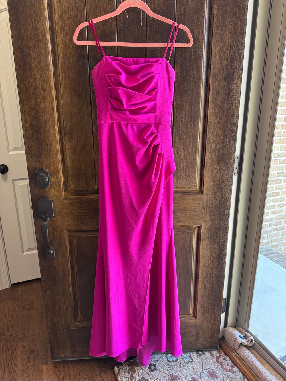Strapless Fuchsia Ruched Satin Evening Gown